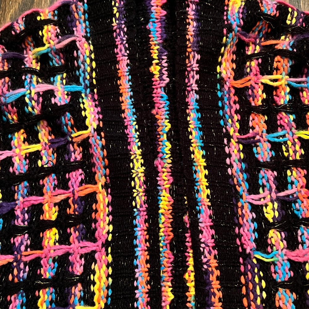 NWOT- XL FRINGED MAXI CARDI OPEN KNIT TRENCH in BLACK PINK BLUE & GOLD METALLIC - Picture 6 of 13